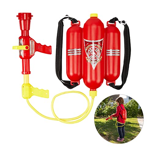 Relaxdays 10027680 Feuerwehr Wasserspritze, 2,5 l Wassertank, 5 m Reichweite, 2 Sprühfunktionen, Löschrucksack Kinder, rot-gelb von Relaxdays