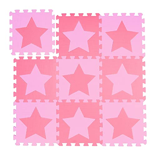 Relaxdays Puzzlematte Sterne, 9 Stück, 18 Teile, EVA Schaumstoff, schadstofffrei, Spielunterlage 91 x 91 cm, rosa-pink von Relaxdays