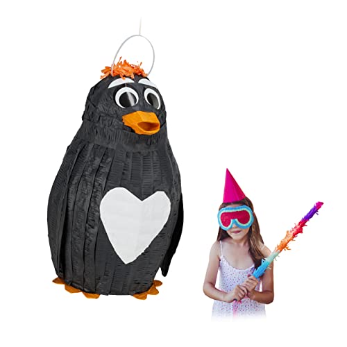 Relaxdays 10031492 Pinata Pinguin, zum Aufhängen, Kinder & Erwachsene, Geburtstag, zum Befüllen, HxBxT 42 x 21 x 21 cm, schwarz von Relaxdays