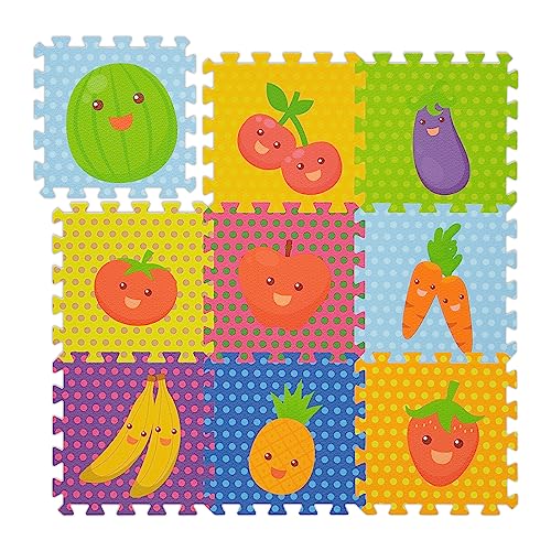 Relaxdays Puzzlematte Früchte, 9-teilige Spielmatte, schadstofffrei, Eva Schaumstoff, Kinderzimmer, 86 x 86 cm, bunt von Relaxdays