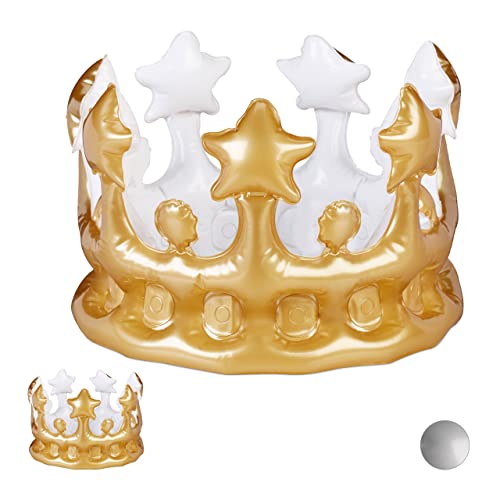 Relaxdays 2 x Aufblasbare Krone, Kostümzubehör Karneval, Accessoire für Prinzessin & König, JGA, Geburtstagskrone, Gold von Relaxdays