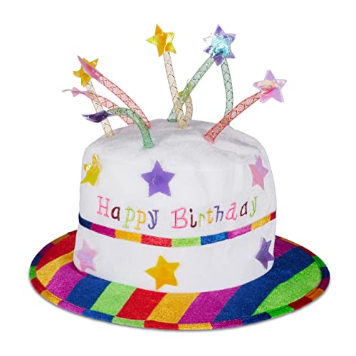 Relaxdays 2 x Happy Birthday Hut Torte, Geburtstagshut mit Kerzen, Partyhut Geburtstagstorte, Plüschhut Party, weiß & bunt von Relaxdays