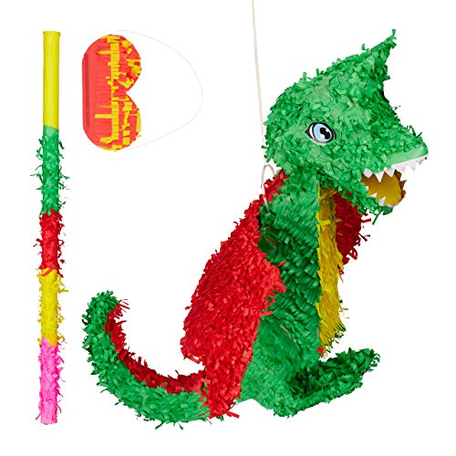 Relaxdays 3 TLG. Pinata Set Drache, Pinatastab mit Augenmaske, für Kinder, Stock & Augenbinde, zum selbst befüllen, Piñata, bunt von Relaxdays