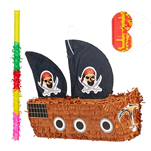 Relaxdays 3 TLG. Pinata Set Piratenschiff, Pinatastab mit Augenmaske, für Kinder, Stock & Augenbinde, selbst befüllen, Piñata, bunt von Relaxdays