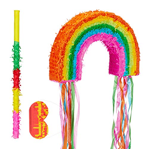 Relaxdays 3 TLG. Pinata Set Regenbogen, Pinatastab mit Augenmaske, für Kinder, Stock & Augenbinde, selbst befüllen, Piñata, bunt von Relaxdays