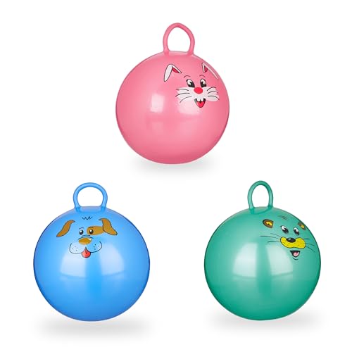 Relaxdays 3X Hüpfball Kinder im Set, mit Griff, für Drinnen und Draußen, mit Tier-Motiv, Weich, 45 cm Durchmesser, Blau, Grün, Pink Relaxdays 3X Hüpfball Kinder im Set, mit Griff, für Drinnen und Draußen, mit Tier-Motiv, Weich, 45 cm Durchmesser, Blau, Grün, Pink von Relaxdays