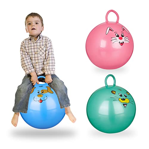 Relaxdays 3X Hüpfball Kinder im Set, mit Griff, für Drinnen und Draußen, mit Tier-Motiv, Weich, 45 cm Durchmesser, Blau, Grün, Pink von Relaxdays