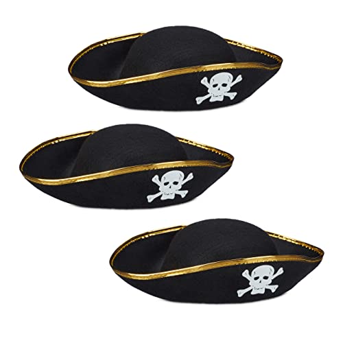 Relaxdays Piratenhut, Set 3, Schwarz, Dreihorn, Totenkopf, Kostüm, Karneval, Herren, Damen, Einheitsgröße, Schwarz von Relaxdays