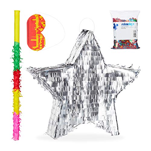 Relaxdays 4 TLG. Pinata Set Stern, XXL Konfetti Sack, Pinatastab mit Augenmaske, Piñata Silber, Stock & Augenbinde, Papier, bunt von Relaxdays