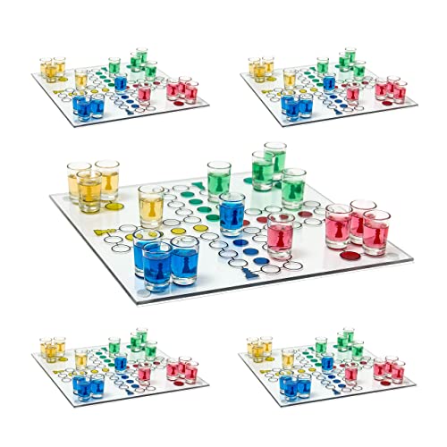 Relaxdays 5er Set Trinkspiel Drinking Ludo, Party-Spaß, 2 Würfel, 16 Schnapsgläser, Partyspiel für Erwachsene, aus Glas, 30 x 30 cm von Relaxdays