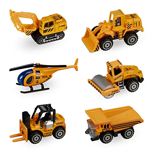 Relaxdays Baustellenfahrzeuge Kinder, 6er Set, Spielzeugautos, Mini Baustelle, ab 3 Jahre, Metallautos, orange-schwarz, 8,5 x3,5 x 5 cm von Relaxdays