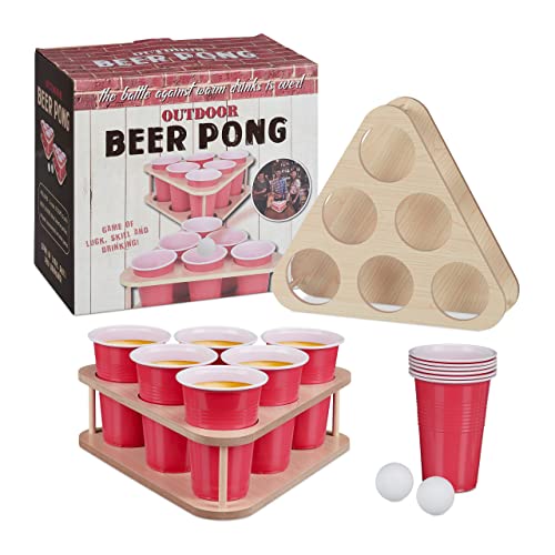 Relaxdays 10039136 Beer Pong Set, 16 TLG. Bierpong Spiel, 12 Becher, mit Halterungen & Bällen, Trinkspiel Erwachsene, Natur/rot von Relaxdays