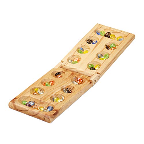 Relaxdays Kalaha Spiel, klappbar, aus Holz, 48 Steine, für 2 Personen, Kinder & Erwachsene, Mancala Brettspiel, natur von Relaxdays