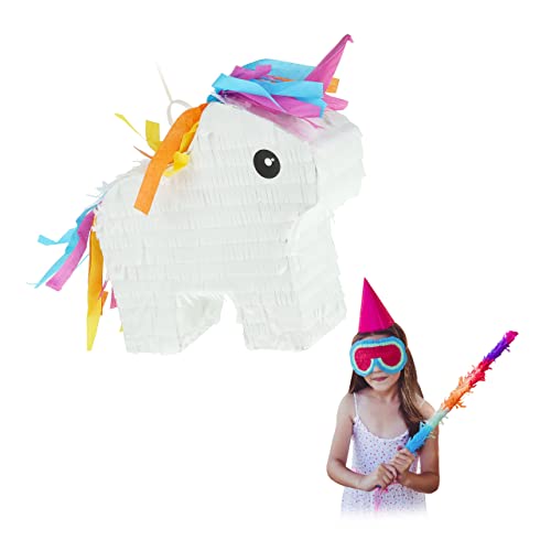 Relaxdays Mini-Pinata Einhorn, zum Befüllen, Geburtstag Mädchen, zum Aufhängen, HBT 25x24x7 cm, Regenbogen, Kinder, bunt von Relaxdays