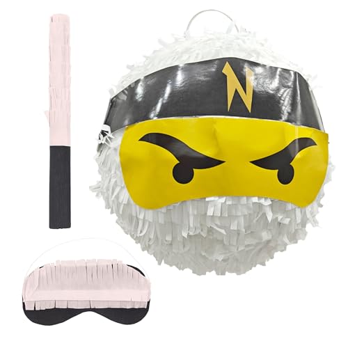 Relaxdays Pinata Ninja, mit Stab & Maske, Partypinata Kinder, für Geburtstag, Schlagpinata zum Befüllen, Ø 25 cm, weiß von Relaxdays