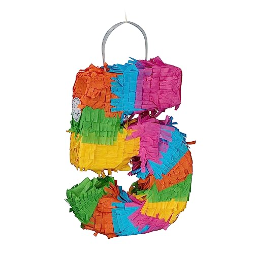 Relaxdays Pinata Zahl 5, Regenbogenpinata Geburtstag, HBT: 20,5 x 15 x 4,5 cm, Mini Piñata Kinder, zum Befüllen, bunt von Relaxdays