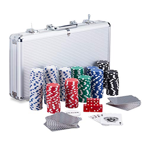 Relaxdays Pokerkoffer, 300 Laser Pokerchips, 2 Kartendecks, 5 Würfel, Dealer Button, Aluminiumkoffer abschließbar, silber von Relaxdays