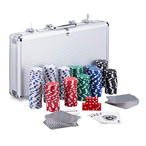 Relaxdays Pokerkoffer, 300 Laser Pokerchips, 2 Kartendecks, 5 Würfel, Dealer Button, Aluminiumkoffer abschließbar, silber Relaxdays Pokerkoffer, 300 Laser Pokerchips, 2 Kartendecks, 5 Würfel, Dealer Button, Aluminiumkoffer abschließbar, silber von Relaxdays