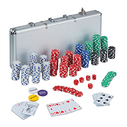 Relaxdays Pokerkoffer, 500 Pokerchips ohne Wert, 2 Kartendecks, 5 Würfel, Button Set, abschließbar, Aluminium, silber von Relaxdays