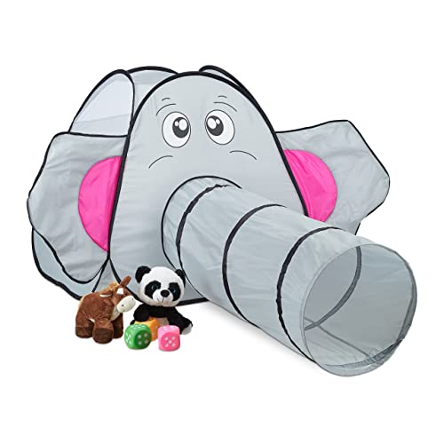 Relaxdays Pop Up Spielzelt Elefant, mit Spieltunnel, Kinderzelt drinnen & draußen, Krabbelzelt, HBT: 92x155x200 cm, grau von Relaxdays