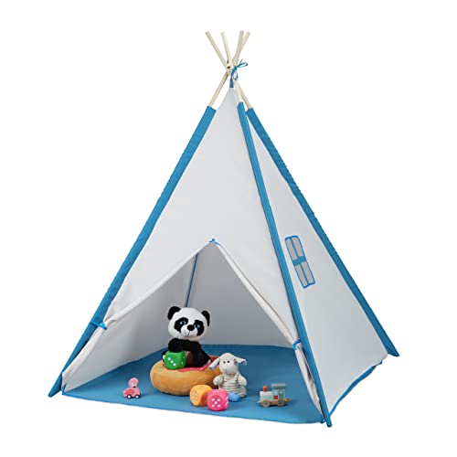 Relaxdays Spielzelt, Tipi Zelt für Kinder, mit Boden, Kinderzelt, HBT: 154 x 124 x 124 cm, drinnen & draußen, weiß/blau von Relaxdays