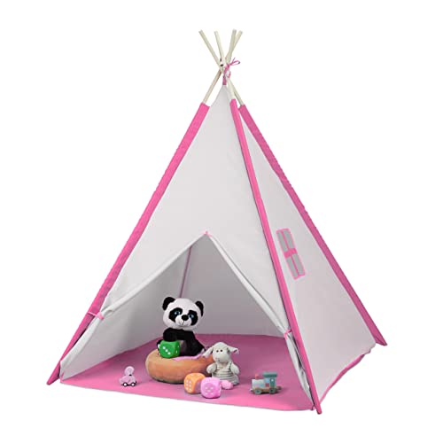Relaxdays Spielzelt, Tipi Zelt für Kinder, mit Boden, Kinderzimmerzelt, HBT: 154 x 124 x 124 cm, Kinderzelt, weiß/rosa von Relaxdays
