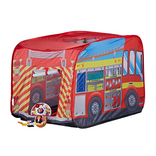 Relaxdays 10022459 Spielzelt Feuerwehr, Pop up Kinderzelt mit Automotiv, für Drinnen und Draußen, 70x110x70 cm, ab 3 Jahre, rot von Relaxdays