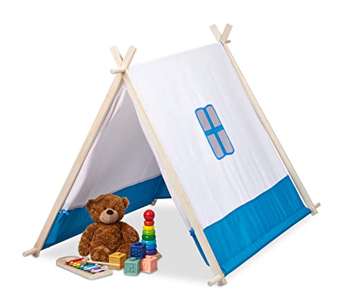 Relaxdays Spielzelt für Kinder, flach, mit Fenster & Tür, HBT: 92 x 86 x 120 cm, Wigwam Kinderzelt, Indoor, blau/weiß von Relaxdays