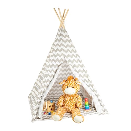 Relaxdays Tipi Zelt, Spielzelt mit Boden, inklusive Tragetasche, Wigwam Kinderzelt, HxBxT: 160 x 115 x 115 cm, weiß-grau von Relaxdays