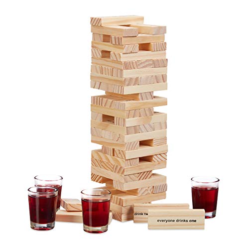 Relaxdays Wackelturm Trinkspiel "Drunken Tower", Holzturm 60 Steine, 4 Schnapsgläser, Partyspiel für Erwachsene, natur von Relaxdays
