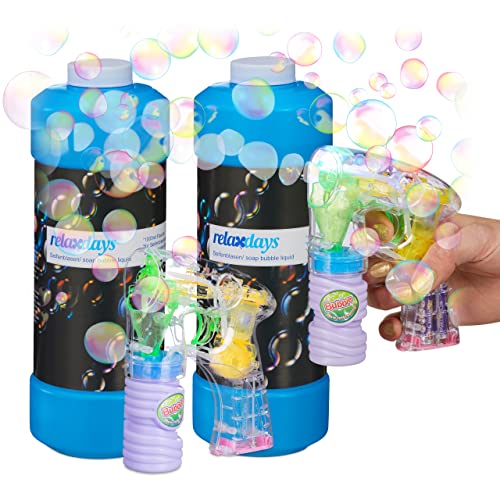 XL Seifenblasen Set, Seifenblasen-Pistole mit LED-Licht, Seifenblasenflüssigkeit Nachfüllflasche 2 Liter von Relaxdays