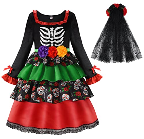 ReliBeauty Tag der Toten Day of The Death Kostüm Kinder Mädchen mit Kopfschmuck,100 von ReliBeauty
