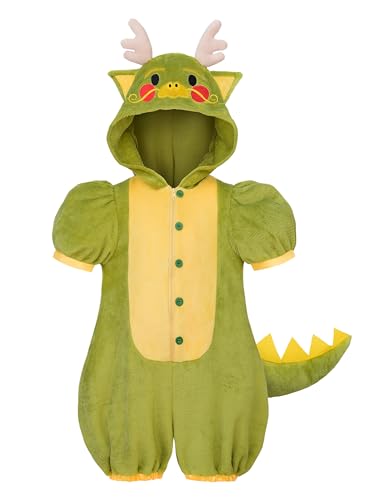 ReliBeauty Drachen Dino Kostüm Kinder 3-12 Jahre mit Hut Schwanz kurze Ärmel Grüner Dinosaurier Karneval,100 von ReliBeauty