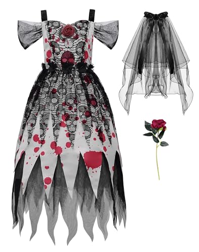 ReliBeauty Geisterbraut Kostüm Kinder mit Horror Braut Schleier und Blume Halloween Brautkleid Fasching, schwarz, 100 von ReliBeauty