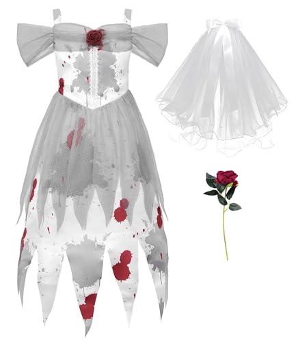 ReliBeauty Geisterbraut Kostüm Kinder mit Horror Braut Schleier und Blume Halloween Brautkleid Fasching, weiß, 100 von ReliBeauty