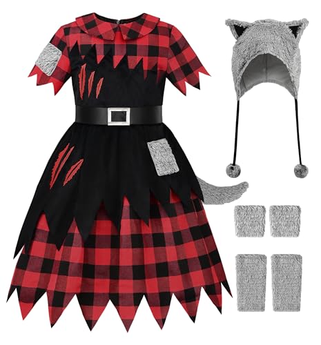 ReliBeauty Halloween Werwolf Kostüm Kinder Mädchen mit Tail Wolfsohren Handschuhe Beinwärmer,140 von ReliBeauty