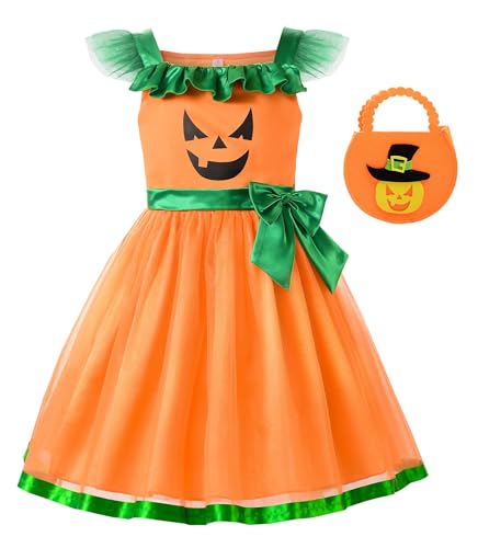 ReliBeauty Kürbis Kostüm Kinder Halloween Kleid Halloween Party Herbst Deko mit Handtasche,120 von ReliBeauty