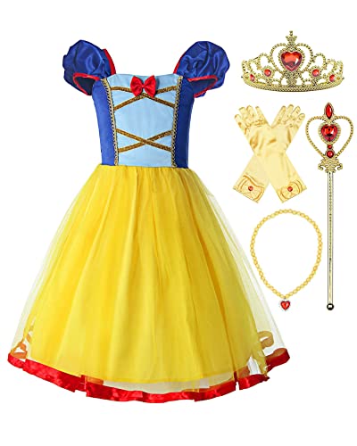 ReliBeauty Mädchen Elastische Taille Rückenfreie Prinzessin Kleid Kostüm, Gelb, mit Zubehör, 130 von ReliBeauty