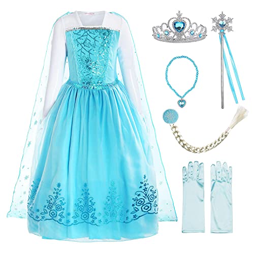 ReliBeauty Mädchen Kleid Prinzessin Langarm Falten Pailletten Schneeflocken Kostüm, Hellblau(mit Zubehör), 110-116(Etikett 120) von ReliBeauty