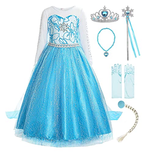 ReliBeauty Mädchen Prinzessin Schneeflocke Süßer Ausschnitt Kleid Kostüme, Blau(mit Zubehör), 116-122(Etikett 140) von ReliBeauty