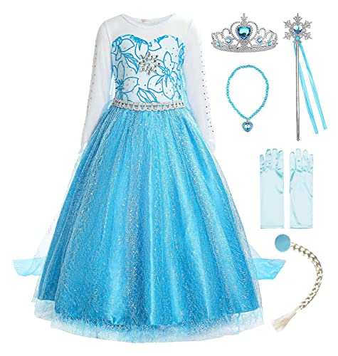 ReliBeauty Mädchen Prinzessin Schneeflocke Süßer Ausschnitt Kleid Kostüme, Blau(mit Zubehör),6-7Jahren/116-122cm(Etikett130) von ReliBeauty