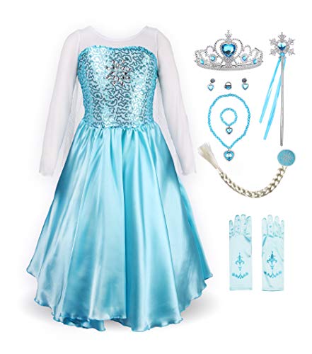 ReliBeauty Mädchen Prinzessin Schneeflocke Süßer Ausschnitt Kleid Kostüme, Himmelblau(mit Zubehör), 134-140(Etikett 150) von ReliBeauty
