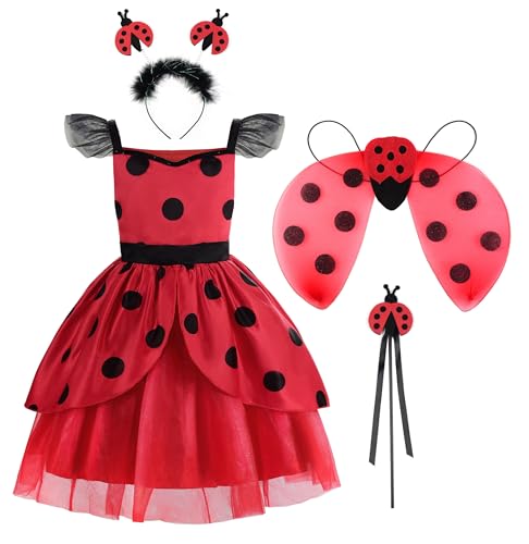 ReliBeauty Marienkäfer kostüm kinder Ladybug Polka Dots Rot Kleid mit Zubehör Set,110 von ReliBeauty