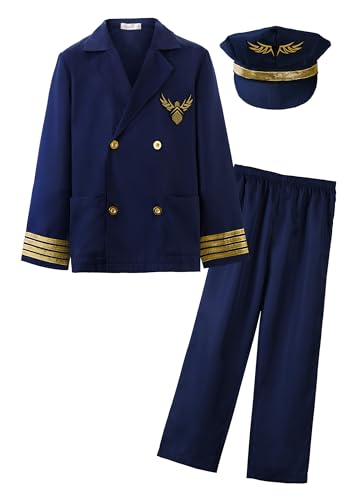 ReliBeauty Pilot Kostüm Kinder Flieger Aviator 3-14 Jahre mit Pilotenmütze Kapitän Fasching,120 von ReliBeauty