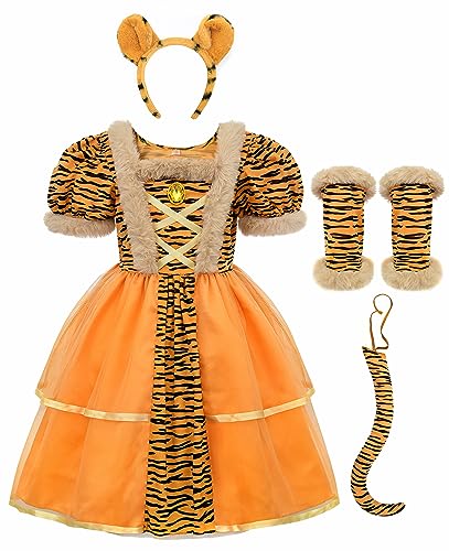 ReliBeauty Tiger Kostüm Kinder Mädchen Tier Kleid mit Tigerschwanz und Anderem Zubehör Halloween Karneval,110 von ReliBeauty