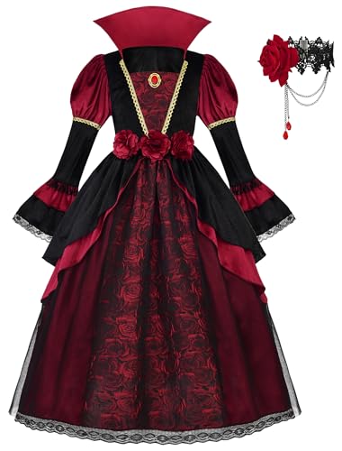 ReliBeauty Vampir Kostüm Mädchen mit Halskette Vampir Kostüm Kinder Halloween Karneval,140 von ReliBeauty