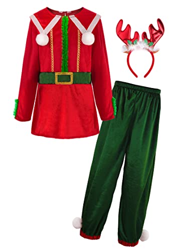 ReliBeauty Weihnachtself Kostüm Kinder Unisex Rentier Kostüm Weihnachtskostüm mit Reh Geweih Haarreif Rot Grün Elf, 100 von ReliBeauty