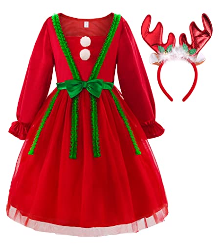 ReliBeauty Weihnachtskleid Mädchen Rot mit Reh Geweih Haarreif,110 von ReliBeauty