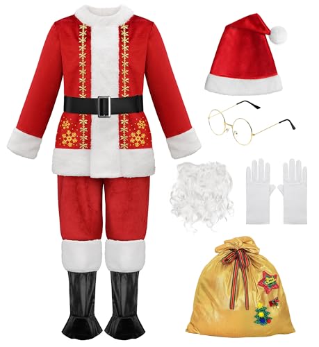 ReliBeauty Weihnachtsmann Kostüm Kinder, 9-teiliges Set für Jungen & Mädchen, für Weihnachten & Karneval, 140 von ReliBeauty