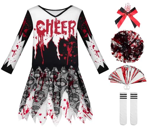 ReliBeauty Zombie Cheerleader Kostüm für Mädchen Kinder, Halloween Fasching Horror Grusel Kostüm mit Pompoms & Kopfschmuck, 140 von ReliBeauty